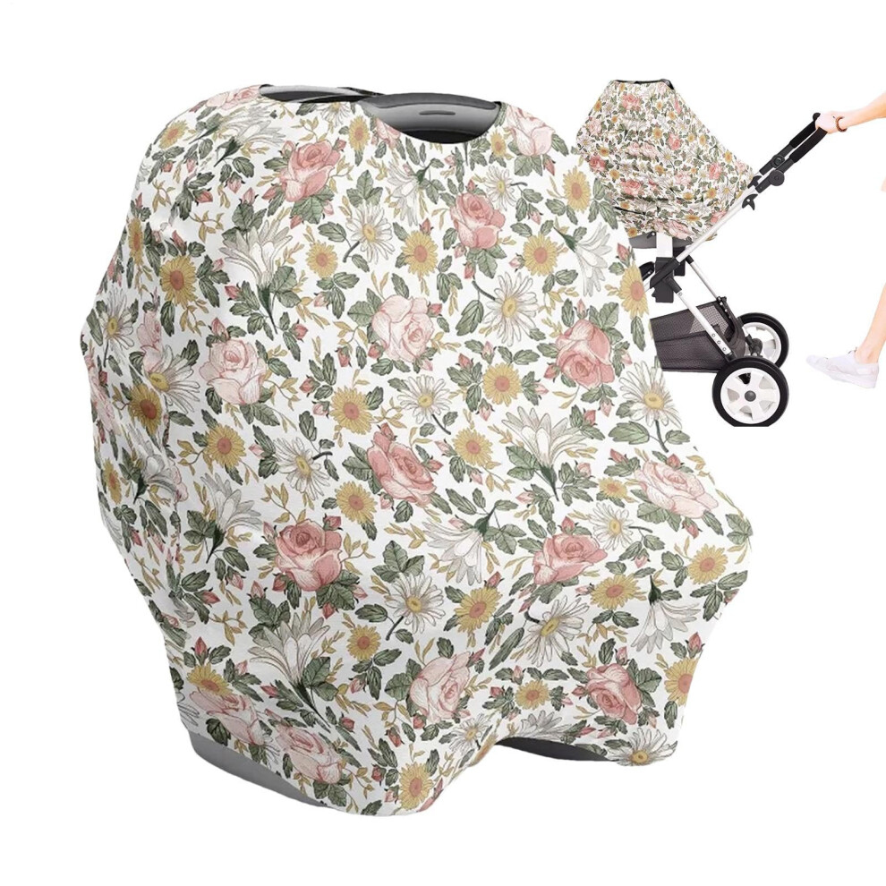 Baby Car Seat Cover Universal Fit Strollers Breathable Canopy Vintage Floral Print Privacy Breastfeeding Cover