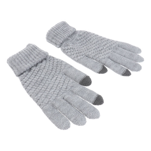 paar gestrickte wollhandschuhe für touchscreen geräte grau