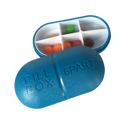 portable oval pill box with 6 removable compartments, dark blue