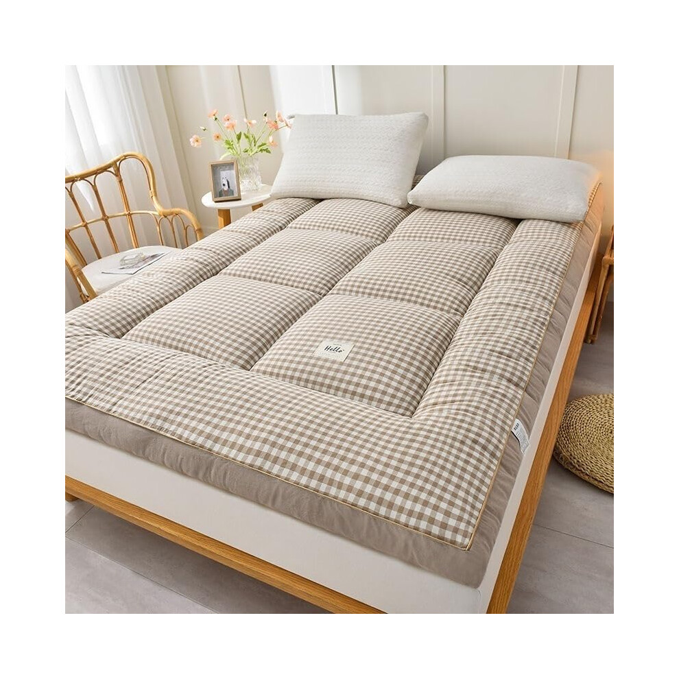 Japanese Floor Futon Mattress Roll-Up King-Size Tatami Foldable Breathable Double Futon Mattress Brown Plaid 200cm*220cm-image-OPC-PKTFTJS-NEW