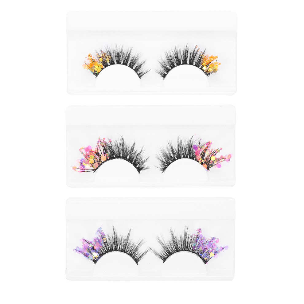 Inoomp 3 Pairs Glitter Colored False Lashes Fluorescent 3D