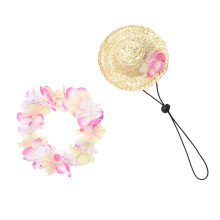 1Set Red Pet Straw Hat and Garland Polyester Summer Dog Cat Caps