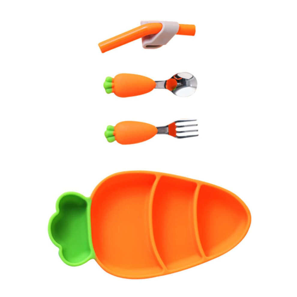Carrot-Shaped Utensils 1-Set For Boys And Girls Feeding Plate Spoon Fork Straw Safe Durable Easy-To-Clean For Weaning