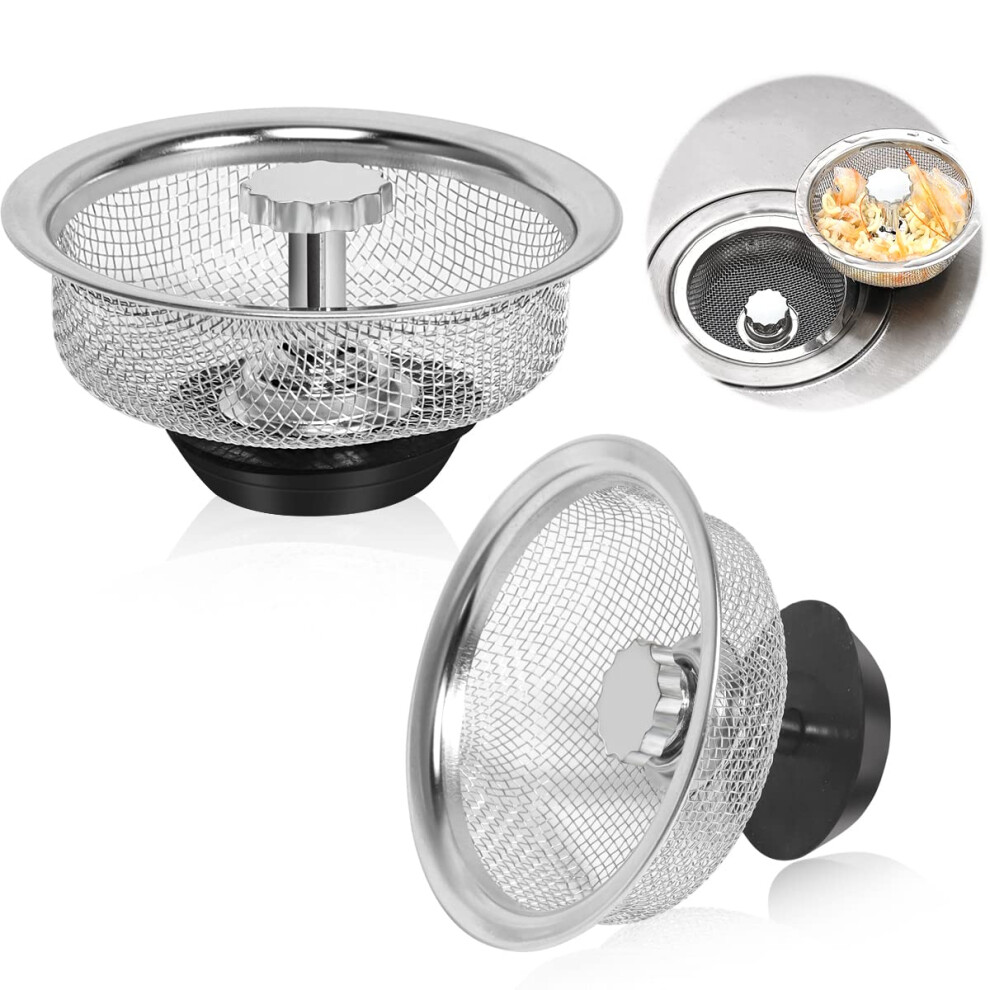 Kitchen Sink Strainer 3.3-Inch Stainless Steel With Handle And Stopper Replacement Drain Basket Filter Silver 9354506029364