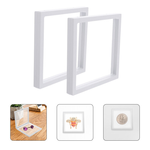 2Pcs 3D Floating Frame Display Holder Stands Clear Jewelry Box White 2