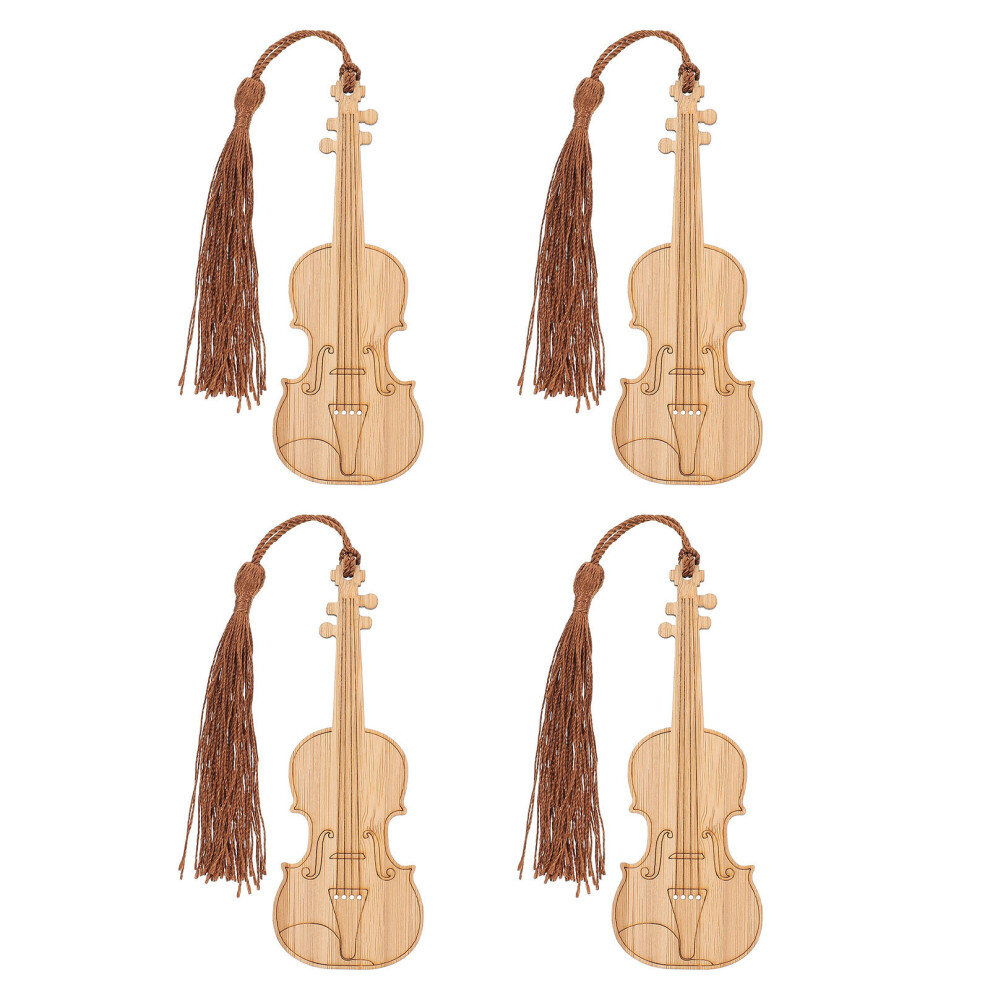 Totority 4Pcs Violin Shape Bamboo Bookmarks With Tassel Design