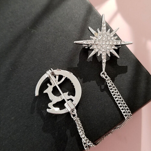 deer moon star brooch with decorative chain lapel pin 2