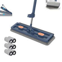 Large Flat Mop With Microfiber Washable Pads, Wet And Dry, 360-Degree Rotatable, Blue, 6-Piece Microfiber Pads, For Tile And Hardwood