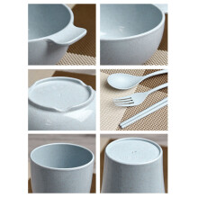 6Pcs Straw Tableware Set For Kids With Plate Bowl Cup Utensils Blue