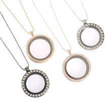 4Pcs Photo Frame Necklace Round Alloy Rhinestone Pendant Holder