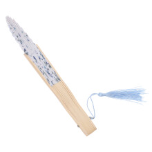 japanese folding fan with bamboo handle and blue gypsophila design