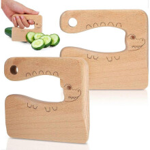 2 Pieces Wooden Kids Knife for Cooking, Cute Fish Dinosaur Shape Kitchen Toy Chopper Vegetable and Fruit Cutter