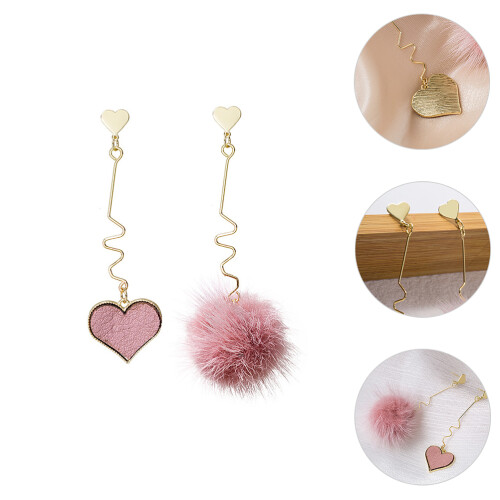 One Pair Heart Shaped Pendant Earring With Fluffy Ball Dangle 2