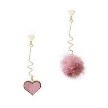 One Pair Heart Shaped Pendant Earring With Fluffy Ball Dangle