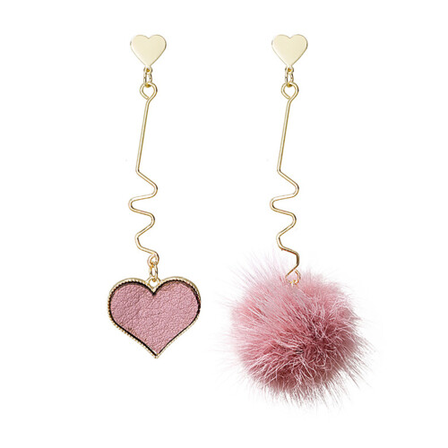 One Pair Heart Shaped Pendant Earring With Fluffy Ball Dangle 1