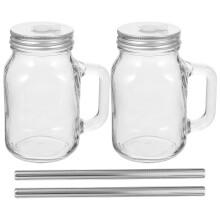2 Sets Glass Juice Bottle with Straw Milk Tea Cup