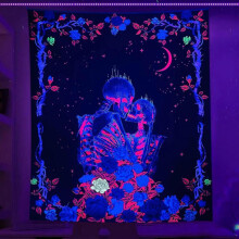 Tapestry for Bedroom Aesthetic Trippy, Colorful Hippie Skull Kissing Lover Wall Tapestry Glow,150 130 cm