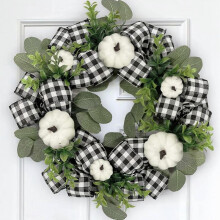 Fall Decor for Home - Fall Wreaths for Front Door - 16 inch White Buffalo Plaid Check Autumn Pumpkin Wreath