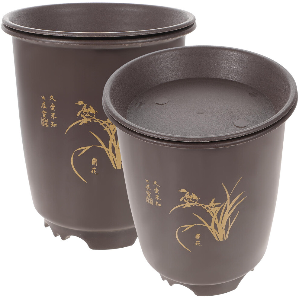 2 Sets Orchid Pot Plastic Imitation Porcelain Planter With Tray-image-OPC-PKTS2PD-NEW