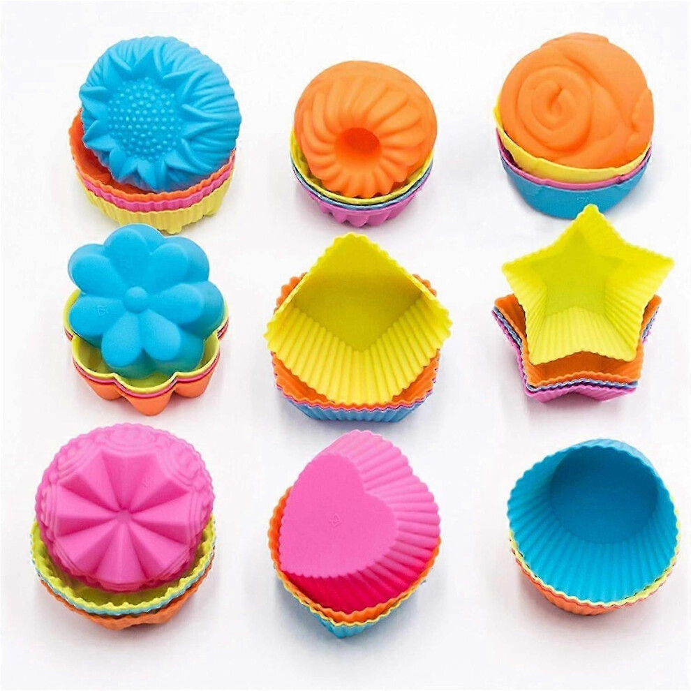 Silicone Cupcake Liners, 36 Pack Non-Stick Cake Molds, Reusable Silicone Muffin Molds, 9 Shapes, Silicone Muffin Baking Cups