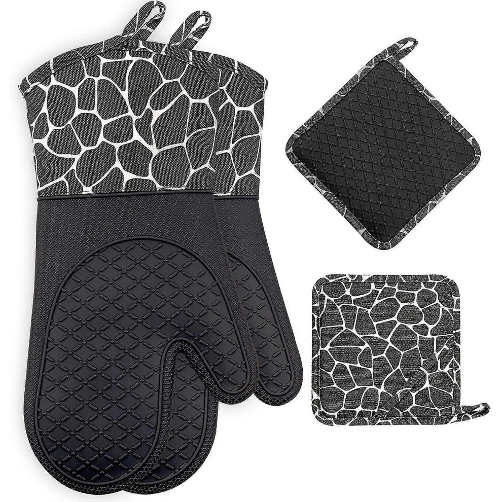 (Black) Heat Resistant Silicone Oven Gloves For Cooking, Baking, Bbq Black