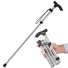 Walking Stick Adjustable Folding Cane, Unisex, Non-Slip Rubber Tip, Wrist Strap, Lightweight Travel Cane, Silver