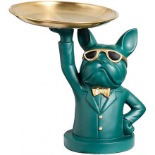 Vinbcorw French bulldog figure with tray stainless steel,Table decoration sculpture decoration, key bowl statue small parts, container,Green