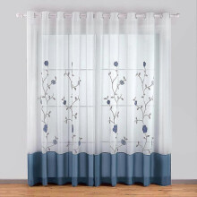 Piece Floral Embroidery Sheer Eyelet Curtains for Bedroom Kitchen Living Room, 140cmx175cm, Blue