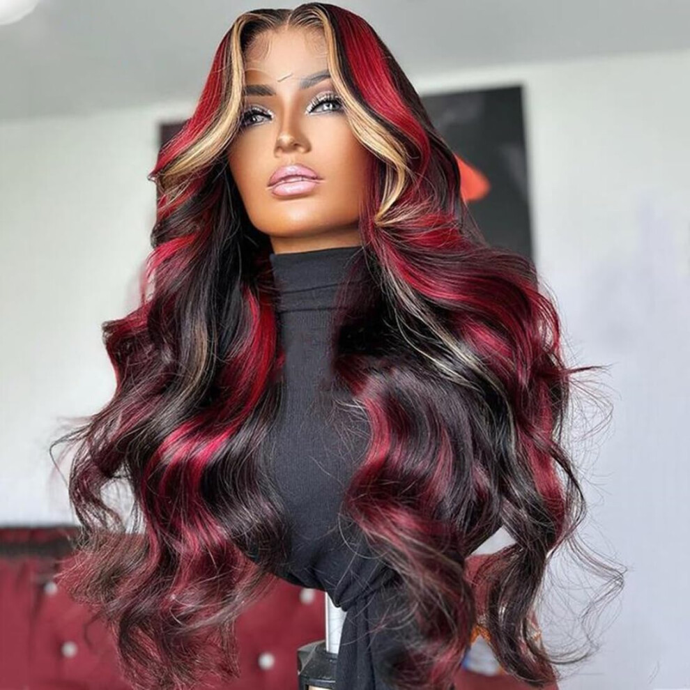 Abgese Black Red Blonde Highlight Wig Human Hair Body Wave Lace Front Wigs Human Hair Pre Plucked Skunk Stripe Human Hair Wig 180% Density 13X4 Blonde Red Hi