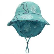 Sea World Pattern Kids Sun Hat, Neck Protection Sun Hat, Super Sun Protection Upf 50+, Cap Size 51-54cm (Blue Bottom + Seahorse)