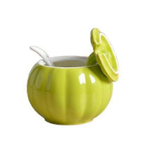 Ceramic Jar with Lid and Spoon, Creative Pumpkin Shape, Suitable for Sugar / Salt / Spices, Color: Green