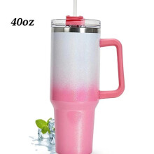 (Pink White) 40oz & 30oz IceFlow Stainless Steel Tumbler with Foldable Straw -Vacuum Insulated Water Bottle for Home, Office or Car Reusable Cup with