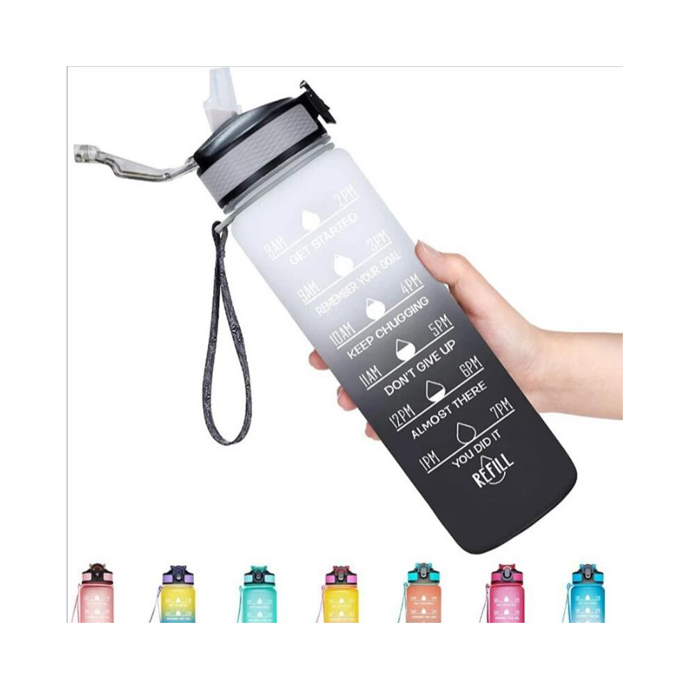 (White Gray) 1L Sports Water Bottle with Time Marker, Straw, and Leakproof Design Ideal for Sports, Hiking, Gym, Fitness, Outdoor Adventures, Cycling,-image-OPC-PKTWGDP-NEW