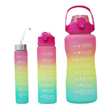 (Pink Yellow Blue) 3pcs Gradient Water Bottles With Straw, 3D Stickers, Straps, Time Tracker Marking, BPA Free, Sports Motivational Water Bottle