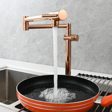 Folding Pot Filler Faucet Deck-Mount Brass Kitchen Sink With Stretchable Swing Arms Space-Saving Rose Gold Two-Handle