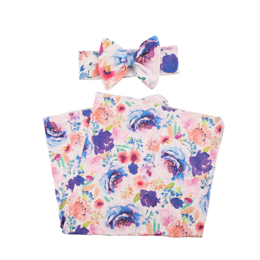 Newborn Swaddle Blanket Set With Headband Flower Print Muslin Cloths 0-3 Months
