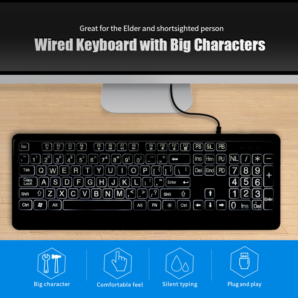 Wired Large Print Keyboard Silent Backlit 104 Keys For Elderly White 609610472735
