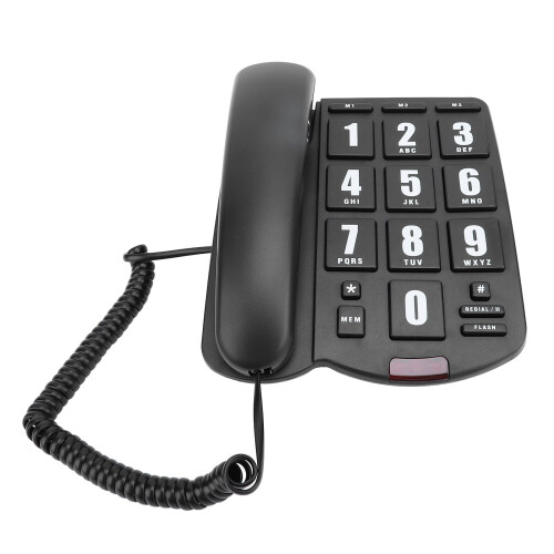 (Black) Corded Home Phone Big Button Quick Dial Volume Adjustable Wall Mount