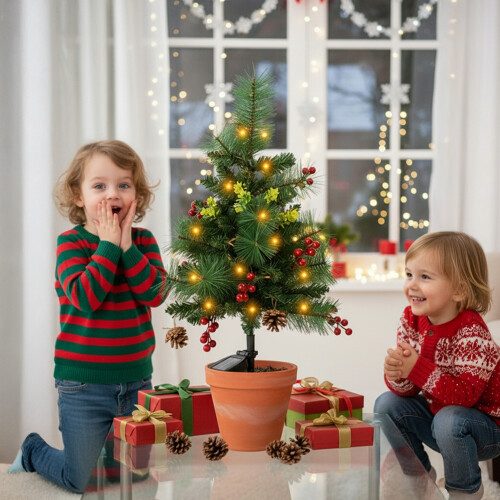 Living And Home Set of 2 Solar-Powered Pre-Lit Artificial Christmas Tree Decorations with Lights 1