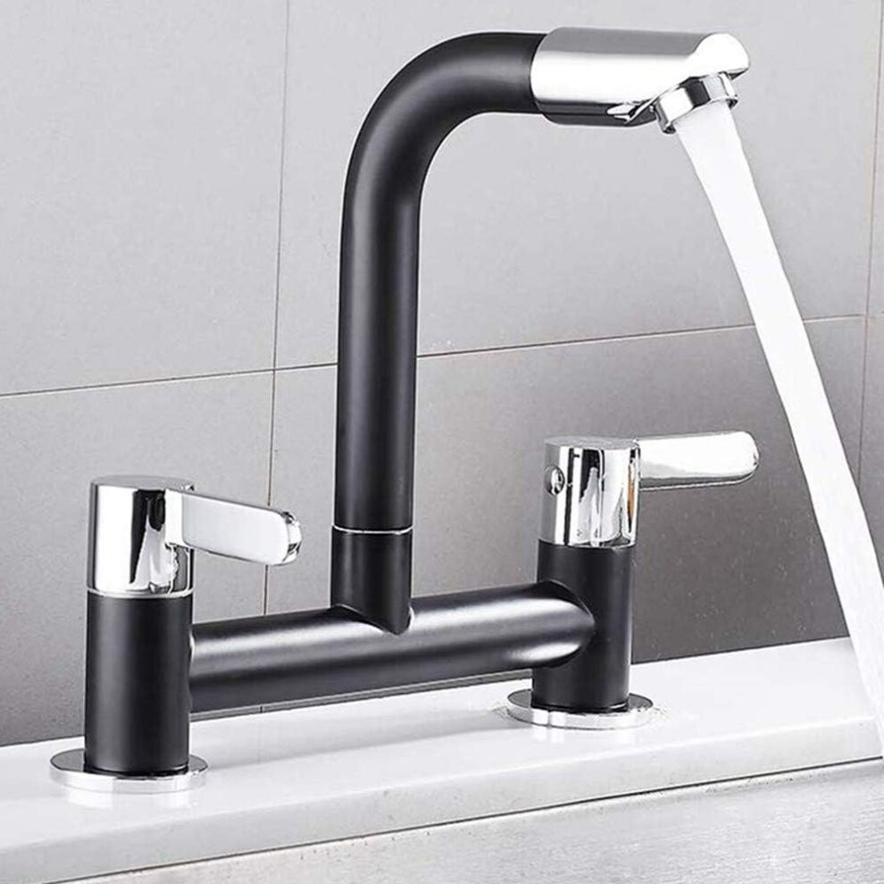 Kitchen Sink Taps 2 Hole 1/4 Turn Dual Lever Deck Mounted Hot & Cold Mixer Faucet Swivel Spout Black Taps (Black) 8581686039437