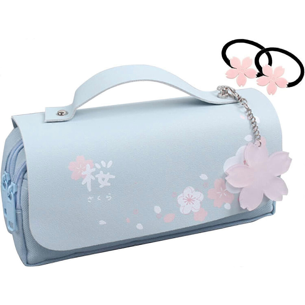 Kikidex (As Show, One Size) Kawaii Cherry Blossom Pencil Bag Pink Sweet Pencil Case Large Capacity Stationery Pouch School Supplies Makeup Bag (Blue)