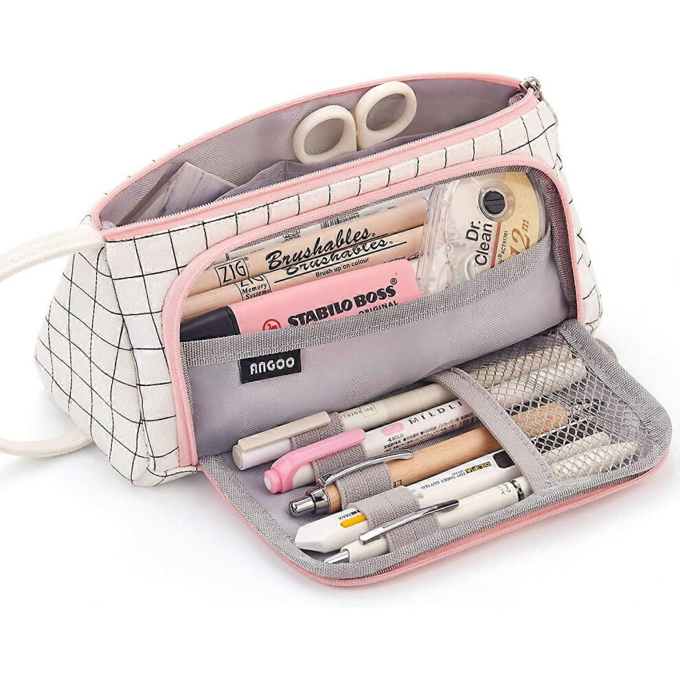 Kikidex (As Show, One Size) Large Capacity Colored Canvas Storage Pouch Marker Pen Pencil Case Simple Stationery Bag Holder For Middle High School Office Stu White