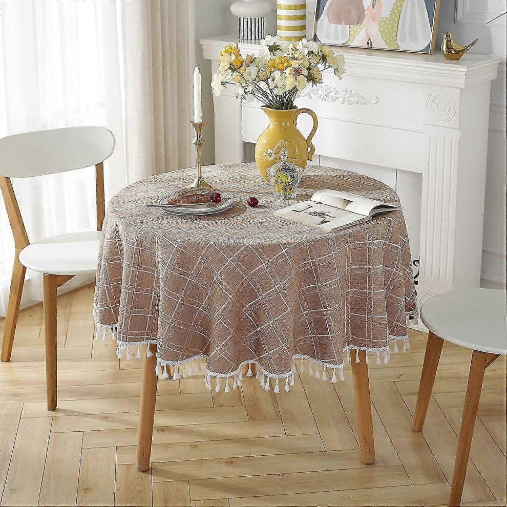 Round cotton and linen tablecloth, stain-resistant, with fringes, washable, table protector, 140 x 140 cm