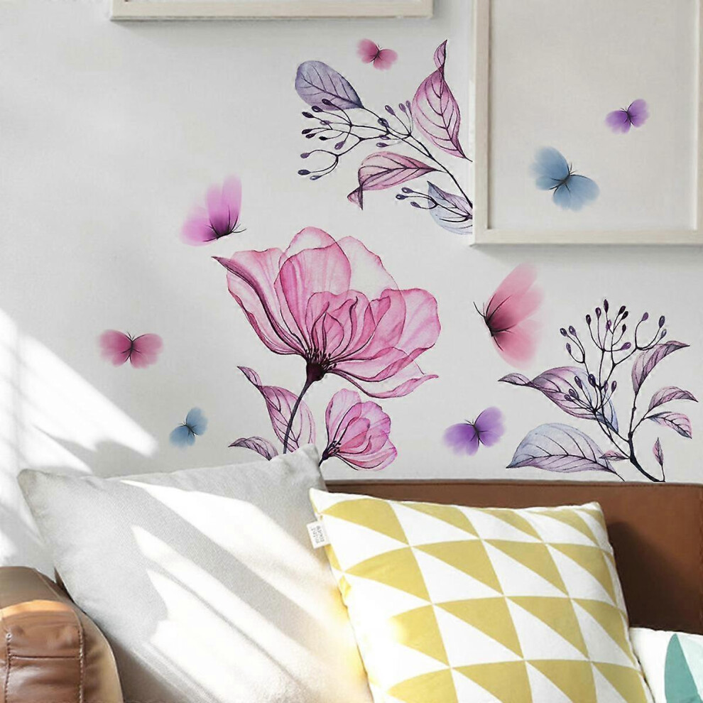 (As show, One size) Pink Flowers Wall Stickers Floral Butterfly Decals Removable for Inspirational Bedroom Living Room Kitchen Bathroom Art Home Decor