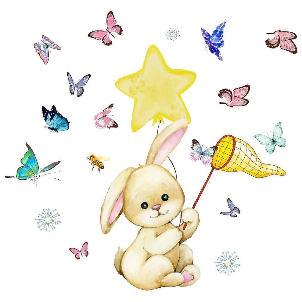 Kikidex (As Show, One Size) Wall Stickers Cartoon Rabbit Butterfly Children's Room Wall Stickers Art Decoration Background Wallpaper Bedroom Removable Wal