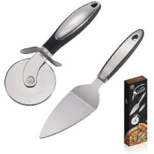 Set of 2 Pizza Cutters, Pizza Roller and Pizza Peel Stainless Steel with Non-Slip Handle for Pie, Pizza or Cake, Dishwasher Safe