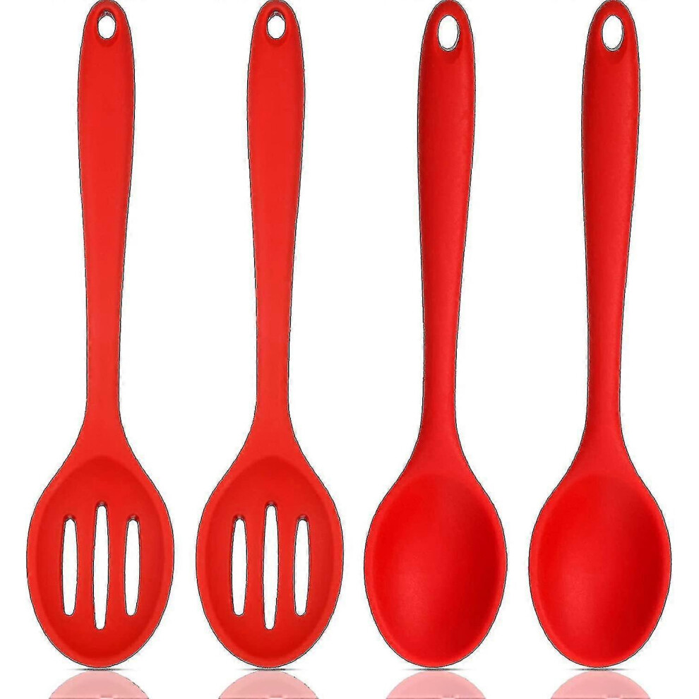 (Red) Set of 4 Nonstick Silicone Mixing and Slotted Spoons, Large Silicone Serving Slotted Spoon, Heat Resistant Nonstick Spoons for Kitchen Cooking,-image-OPC-PKV6MM9-NEW