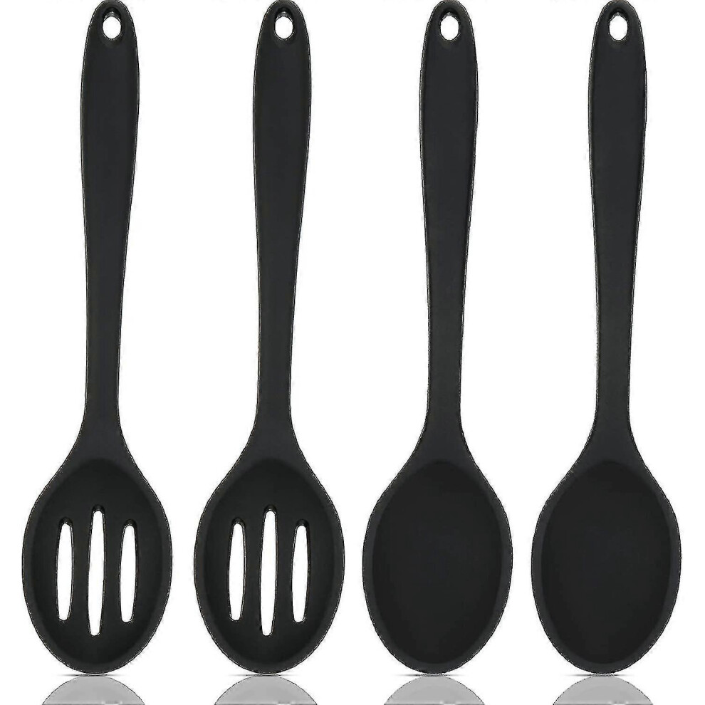 (Black) Set of 4 Nonstick Silicone Mixing and Slotted Spoons, Large Silicone Serving Slotted Spoon, Heat Resistant Nonstick Spoons for Kitchen-image-OPC-PKV6MR2-NEW