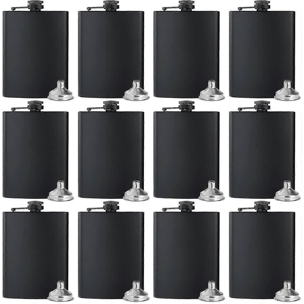 Set Of 12 8 Oz Stainless Steel Hip Flasks With 12 Funnels Black