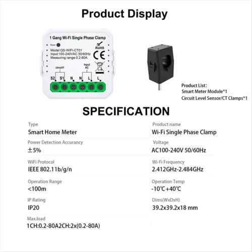 Smart Life WIFI Energiemeter Stroomsensor Statisticus 1CT 1